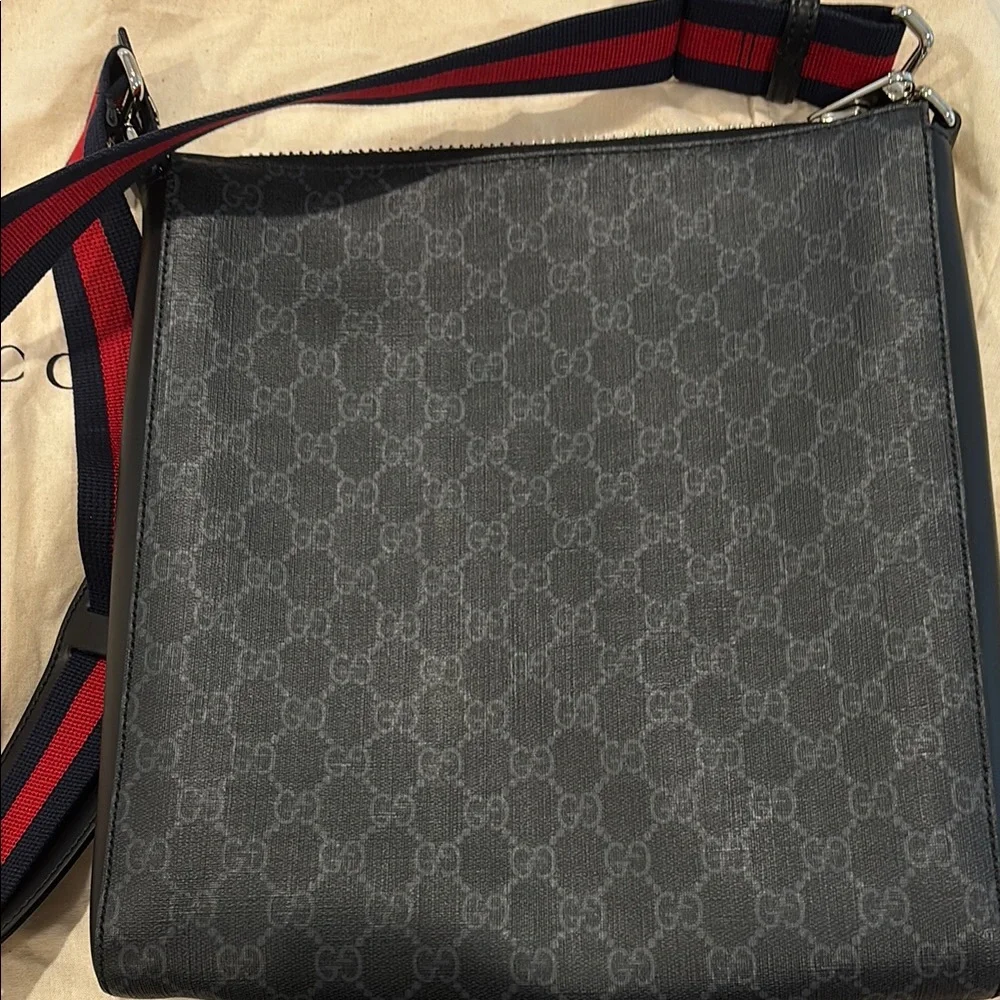 Gucci Black Messenger Bag with Monogram Canvas and Webbing Strap - Picture 11 of 16